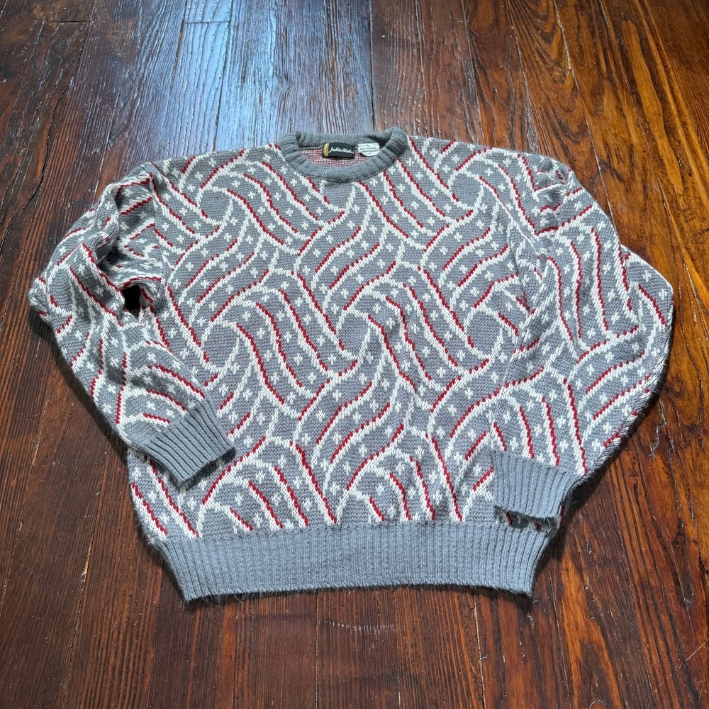 Vtg Justin Blake‎ Sweater Mens Large Gray Red Geometric Knit Grandpa